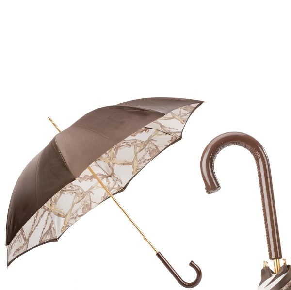 Pasotti Brown Bridles moteriškas prabangus skėtis dvigubu audiniu ir su oda aptraukta rankena