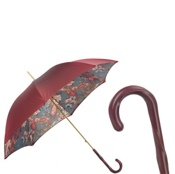 Pasotti Classic Burgundy moteriškas prabangus skėtis dvigubu audiniu ir oda aptraukta rankena