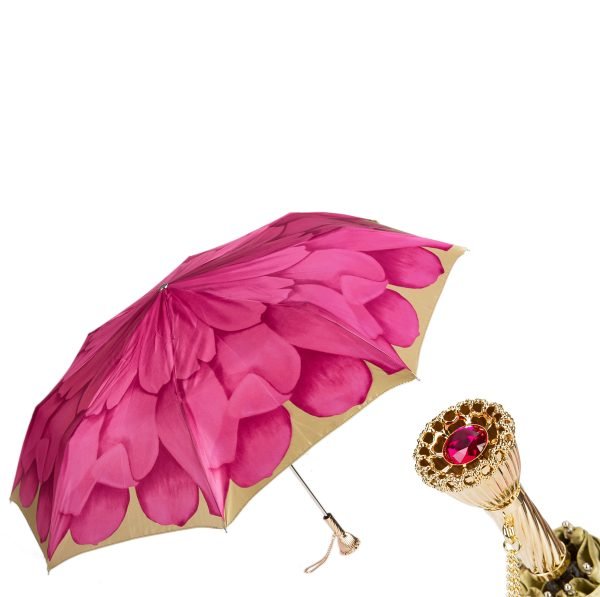 Pasotti Pink Dahlia sulankstomas moteriškas skėtis su žalvarine rankena ir kristalu
