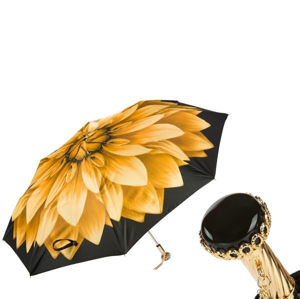 Pasotti Golden Flower sulankstomas moteriškas skėtis su žalvarine rankena ir kristalu