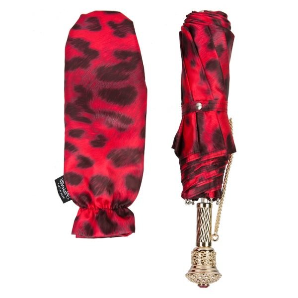 Pasotti Animalier sulankstomas moteriškas skėtis su žalvarine rankena ir raudonu kristalu, su įmaute