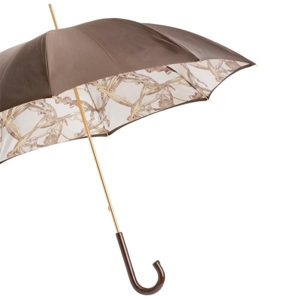 Pasotti Brown Bridles moteriškas prabangus skėtis dvigubu audiniu ir su oda aptraukta rankena