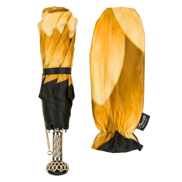 Pasotti Golden Flower sulankstomas moteriškas skėtis su žalvarine rankena ir juodu kristalu, su įmaute